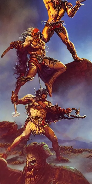 Prompt: the undead barbarian warrior fights a god, night scene, concept art by boris vallejo and michael whelan