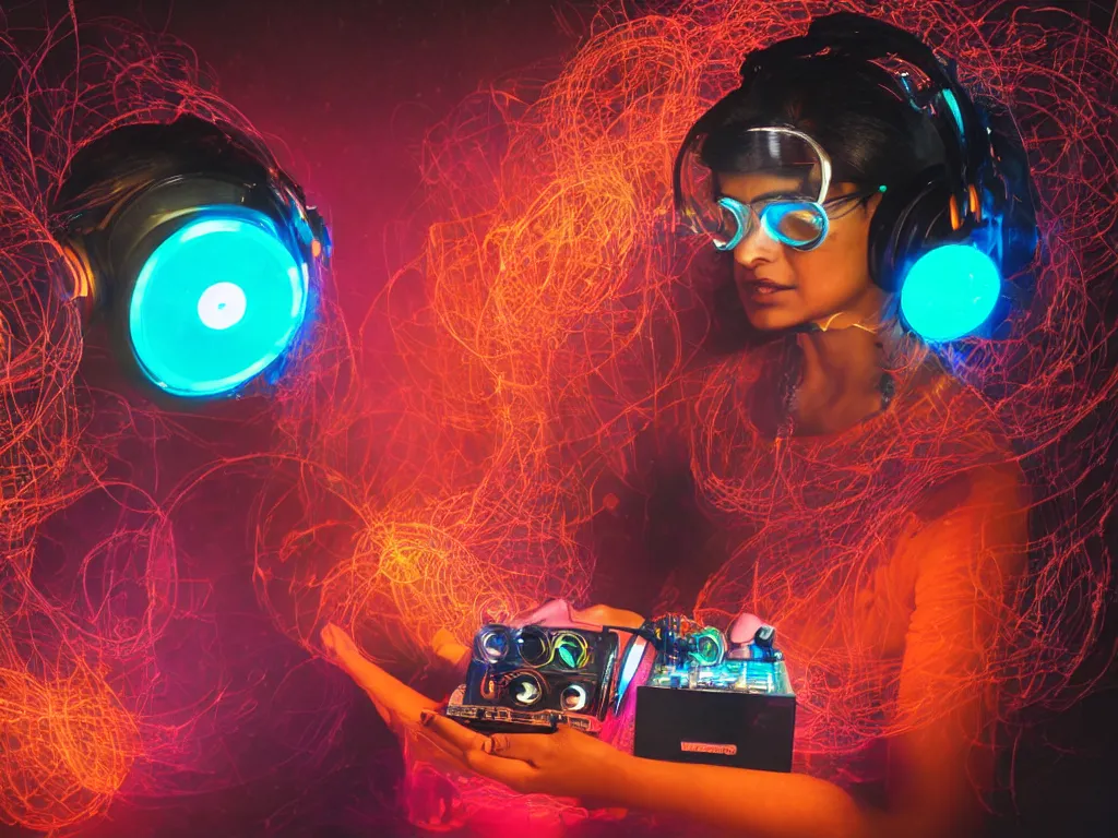 Image similar to an indian woman wearing goggles and visor and headphones using a retro record player contraption, microphone, speakers, turntablism dj scratching, screens, smoky atmosphere, intricate planetary gears, cinematic, imax, sharp focus, leds, bokeh, iridescent, black light, fog machine, hazy, lasers, hologram, hyper color digital art