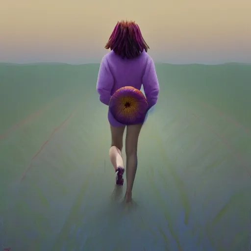 Image similar to portrait, giant purple dahlia flower head, girl walking between dunes, surreal photography, sunrise, blue sky, dramatic light, impressionist painting, digital painting, artstation, simon stalenhag