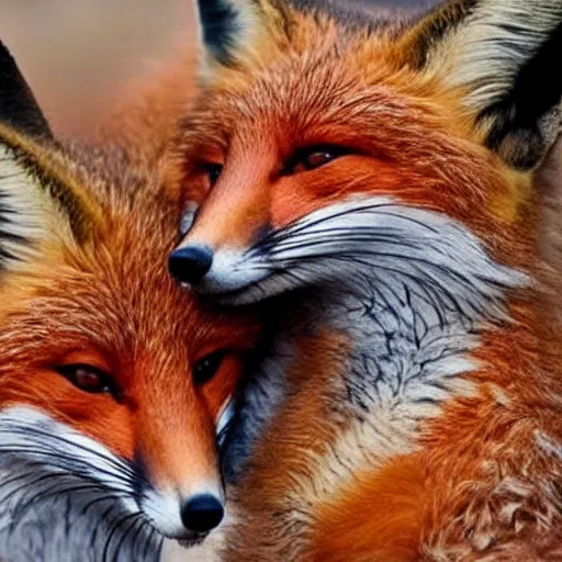 Image similar to Two foxes cuddling together. They are in love.