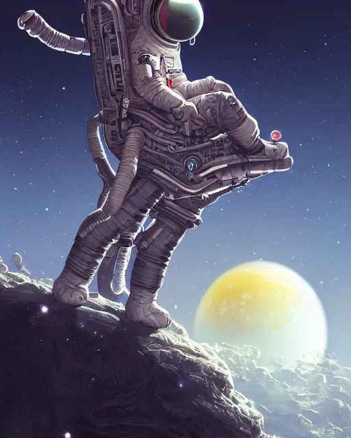 Image similar to wide shoot portrait of ethereal intricate cosmonaut lie relaxed on a crescent moon between the stars and the planets in outer space, cosmonaut post grunge concept art,high detail,4k, trending on artstation by Yoshitaka Amano, josan gonzalez and tyler edlin