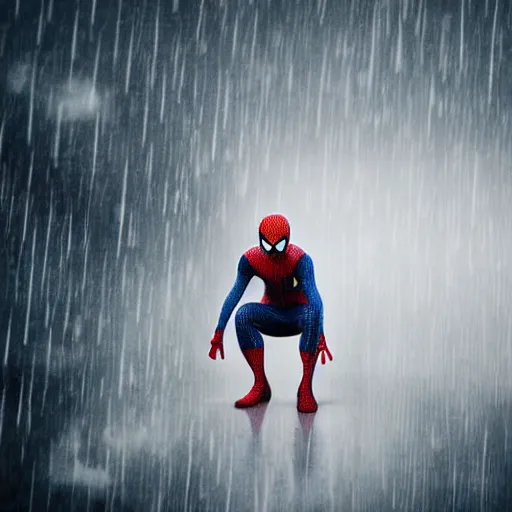 Prompt: Spiderman standing under rain , melancholy, dramatic, sad ambience