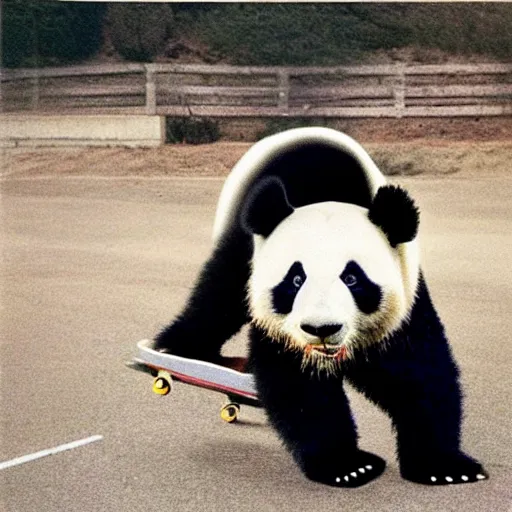 Image similar to grainy head to shoulder portrait polaroid film photograph of a panda skateboarding in california. super resolution. surreal. extremely detailed. polaroid 6 0 0 film. by annie leibovitz and richard avedon