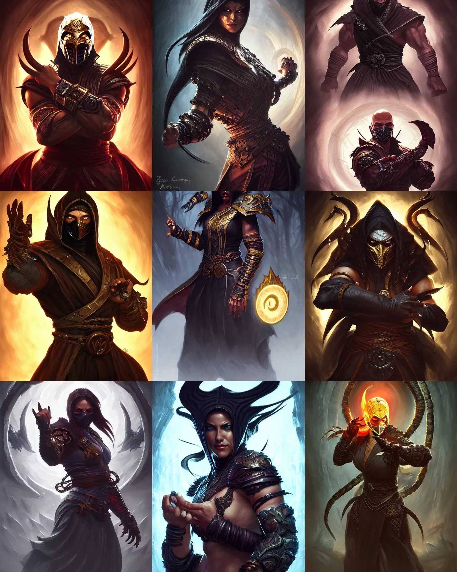 Prompt: mortal kombat characters, deep focus, d & d, scary, fantasy, intricate, elegant, highly detailed, digital painting, artstation, concept art, matte, sharp, illustration, hearthstone, art by artgerm and greg rutkowski and alphonse mucha