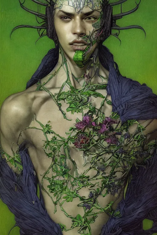 Image similar to portrait of beautiful young man, warhammer, japanic style, cyberpunk, a lot of scars, more and more flowers, blue head, green side, the middle ages, highly detailed, artstation, illustration, art by jean delville, 8 k quality