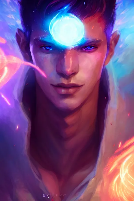 Image similar to a human elemental sorcerer, blurred environment background, colorful magic effects, white skin, portrait, male, clothed, sharp focus, digital art, concept art, trending on artstation, dynamic lighting, by emylie boivin and rossdraws