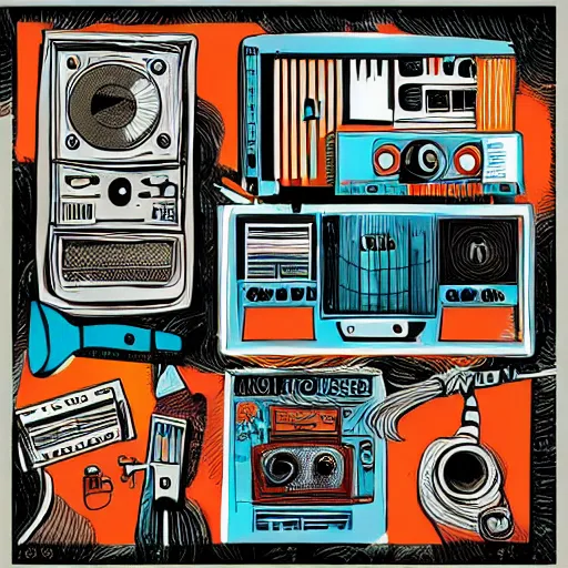 Prompt: detailed illustration of a radio studio, cassette tape, music vinyls, speakers. in the style of darwyn cooke and dr seuss. intricate details, beautiful, colorfull