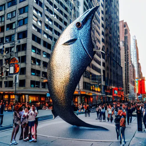 Prompt: an street photograph of a giant metallic fish sculpture in the center of a new york street, a large crowd have gathered, by Claes Oldenburg and jeff koons, pop art, 3D render, Volumetric dynamic lighting, Highly Detailed, Cinematic Lighting, Unreal Engine, 8k, HD