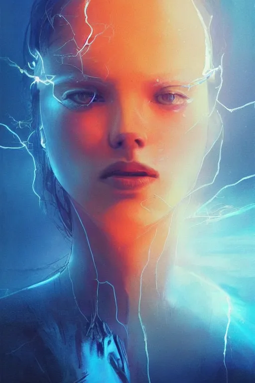 Prompt: 3 d, sci - fi, morning, sleepy fashion model face, sun, neon, cinematic, lightning clouds, vogue cover style, poster art, light orange and deep blue mood, realistic painting, intricate oil painting, high detail, figurative art, multiple exposure, poster art, 3 d, by tooth wu and wlop and beeple and greg rutkowski