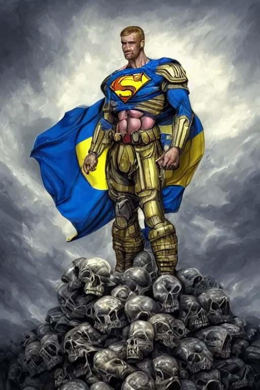 Image similar to a hyper realistic picture of a super soldier with a Ukrainian blue and yellow stripes flag standing in the beam of light from the clouds on a pile of skulls as a winner, masculine figure, D&D, fantasy, intricate, elegant, highly detailed, digital painting, artstation, concept art, matte, sharp focus, symmetrical, illustration, art by Artgerm and Greg Rutkowski and Alphonse Mucha