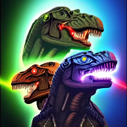 Image similar to three headed cyborg tyrannosaurus rex with lasers.