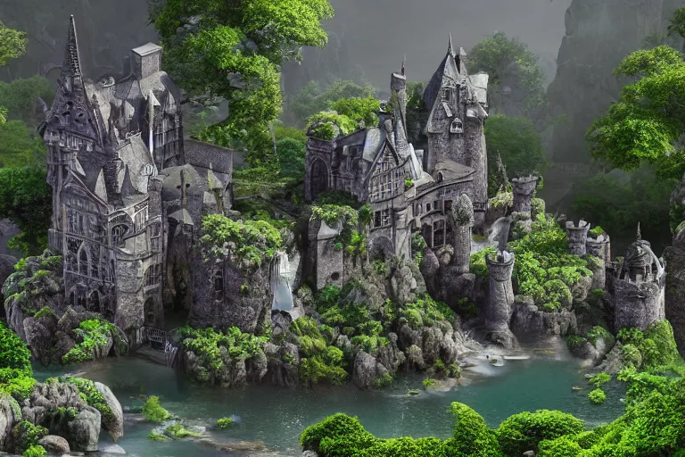 Prompt: Firt person matte painting of witch academy castle with many bonsai trees on the right with small waterfall, highly detailed garden in the middle, many stone statues, gothic building style, highly detailed, 4k, 8k resolution, trending on artstation, artstationHD, artstationHQ, octane render.