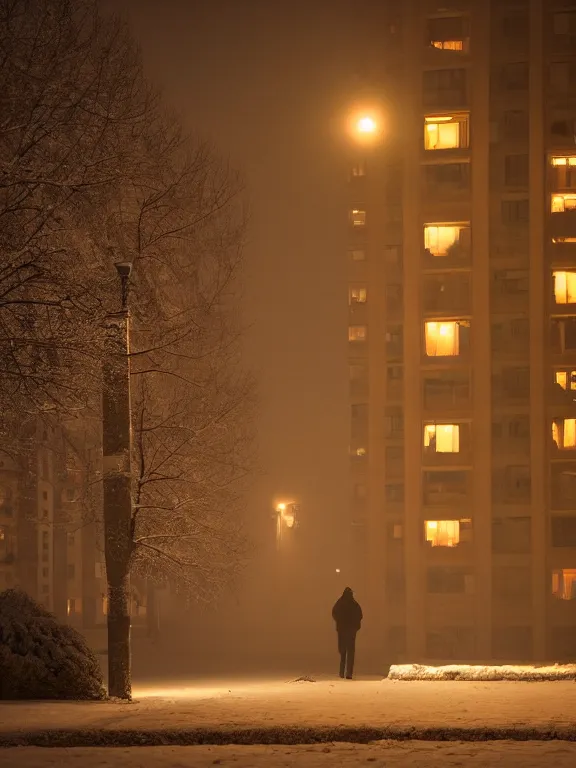 Image similar to beautiful film still of a residential block building in russian suburbs, low, lights are on in the windows, dark night, post - soviet courtyard, cozy and peaceful atmosphere, fog, cold winter, snowing, streetlamps with orange volumetric light, several birches nearby, elderly man stand at the entrance to the building