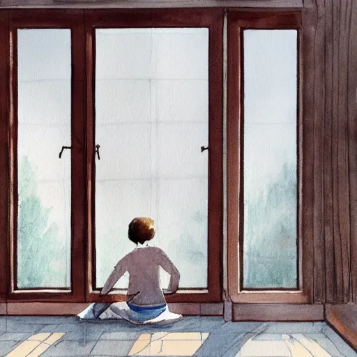 Prompt: person in pyjamas standing near window, sun rays, daylight, big french door window, big spatious room, 2 4 mm, wooden floor, modern, pastel palette, winter sun, photorealistic, high ceiling, watercolor painting