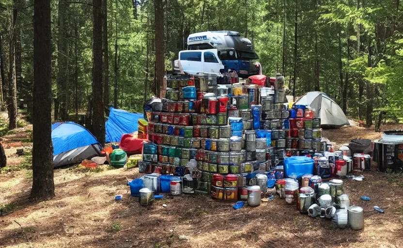 Image similar to a ladder next to a huge pile of beer cans and camping garbage camping tents and forest trees beautiful day