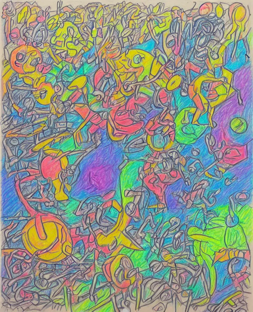 Prompt: intricate oil pastel drawing of many things happening, cover art musical artistic dance gavin dance happiness on the way