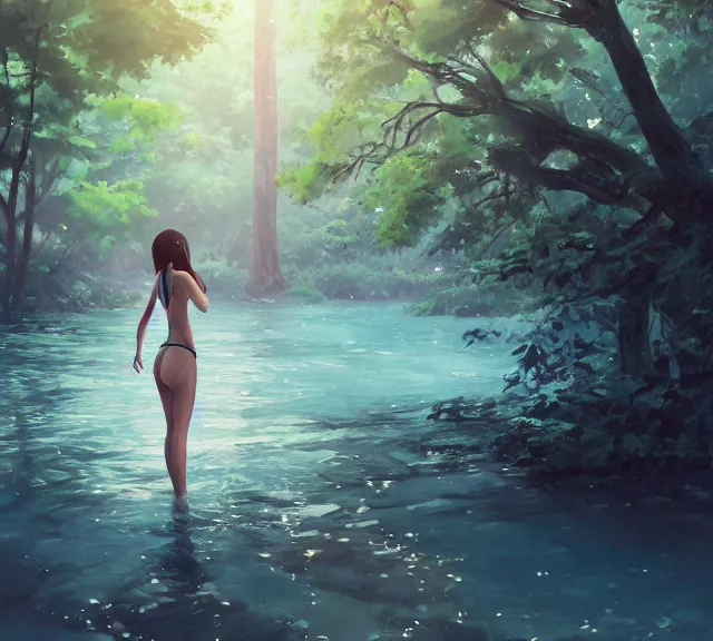 Image similar to one single girl wearing a blue bathing suit wading, standing in a narrow river, trees bent over the river, shady, ripples, facing, looking at the camera, inviting look, atmospheric lighting. By Makoto Shinkai, Stanley Artgerm Lau, WLOP, Rossdraws, James Jean, Andrei Riabovitchev, Marc Simonetti, krenz cushart, Sakimichan, trending on ArtStation, digital art.