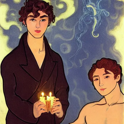 Image similar to painting of young cute handsome beautiful dark medium wavy hair man in his 2 0 s named shadow taehyung and cute handsome beautiful min - jun together at the halloween party, bubbling cauldron, candles, smoke, tarot, autumn colors, elegant, stylized, soft facial features, delicate facial features, art by alphonse mucha, vincent van gogh, egon schiele