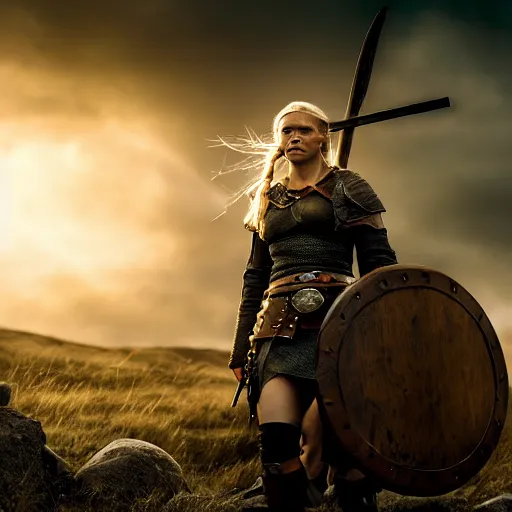 Image similar to a photograph of viking shield maiden in the battlefield, action movie, movie still, cinematic, filmic, dramatic, volumetric light