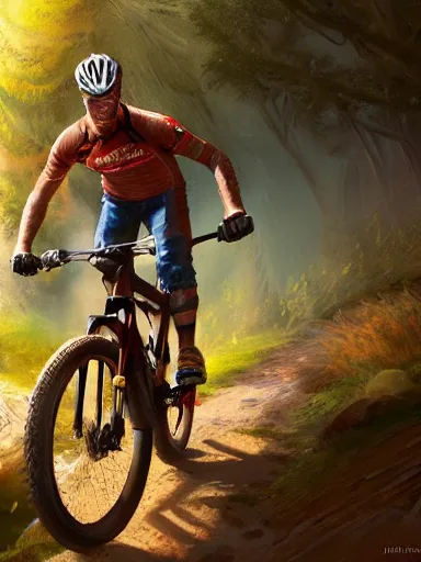 Image similar to handsome man riding a mountain bike in the wild. intricate, elegant, highly detailed, digital painting, artstation, cinematic shot, concept art, sharp focus, illustration, by justin gerard and artgerm, 8 k