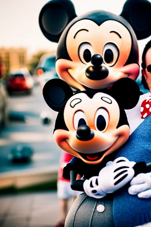 Image similar to tony soprano hugging mickey mouse, extreme bokeh, 7 5 mm