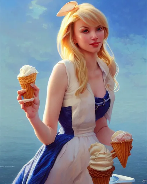 Prompt: Portrait of a  blonde woman and Donald Duck eating ice creams in Porto,real life skin, intricate, elegant, highly detailed, artstation, concept art, smooth, sharp focus, art by artgerm and greg rutkowski and alphonse mucha
