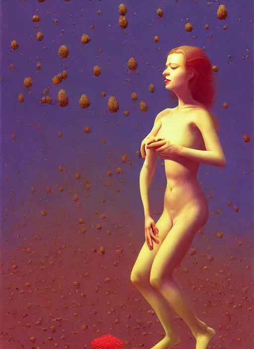 Image similar to She Eats Joyfully of the Suffocating Azure Fruit and Her spiderlike gossamer glistening polyp blossoms bring iridescent fungal flowers whose spores black the foolish glaring stars Edward Hopper and James Gilleard, Zdzislaw Beksinski, Mark Ryden, Wolfgang Lettl highly detailed