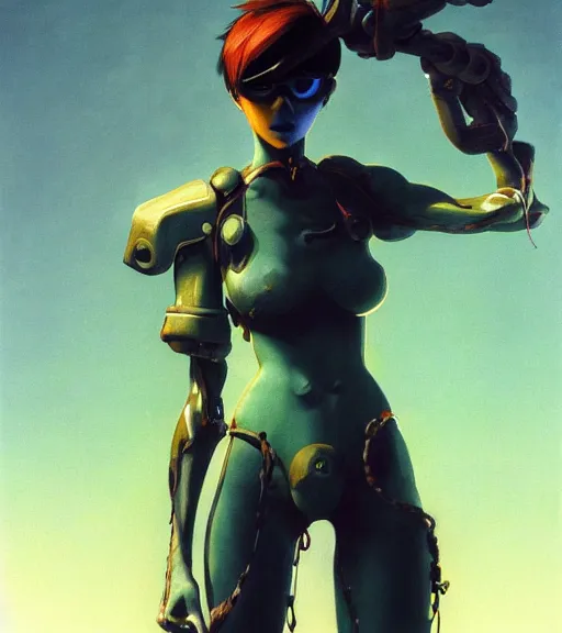 Image similar to full figure, painting of tracer from overwatch, in style of zdzisław beksinski, horror, 4 k, feminine facial features, full armor, full armor, detailed face, tall, dark ropes and chains in background