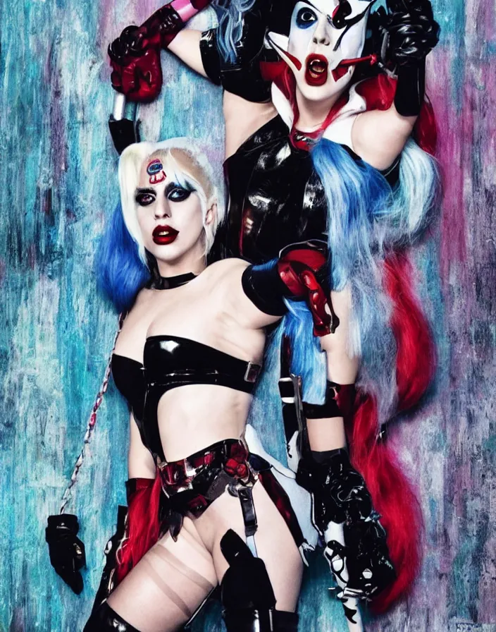 Prompt: lady gaga as harley quinn, insane details, thicc body, skintight outfit, movie poster