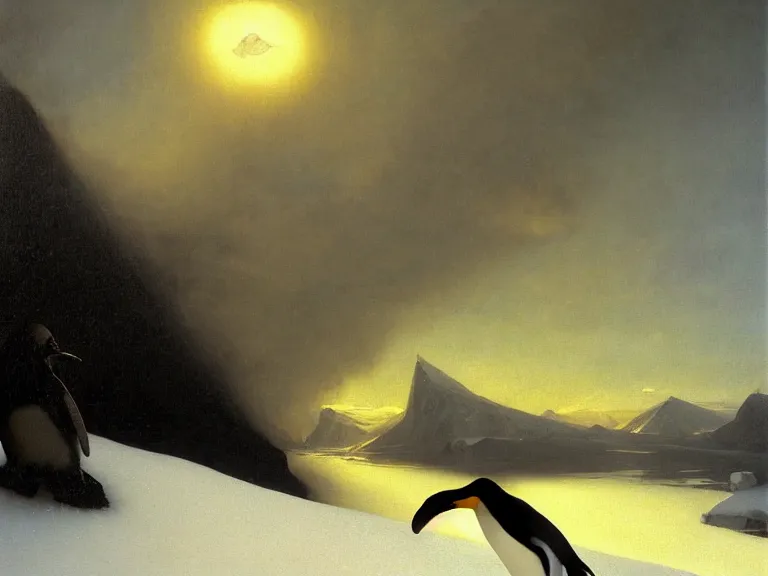 Image similar to an oil painting of a penguin playing in pure white snow on a misty glacier at dusk. aurora. by tuomas korpi moebius and carl spitzweg. baroque elements. intricate artwork by caravaggio. oil painting. oil on canvas. award winning. dramatic. trending on artstation. 8 k