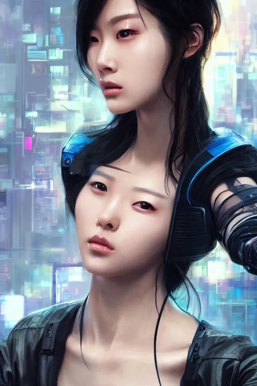 Prompt: Photorealistic illustration, 3/4 view of Korean fashion model with cybernetic neck, cyberpunk 2077, sci-fi, futuristic, intricate, elegant, highly detailed, digital painting, artstation, concept art, smooth, sharp focus, art by artgerm, greg rutkowski and alphonse mucha