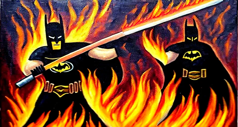 Image similar to An oil painting of a dark knight wielding a flaming sword