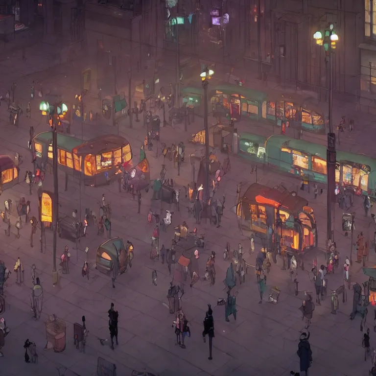 Image similar to few people waiting in a bus stop in dark city night, detailed, high quality, high resolution, screenshot from Zootopia