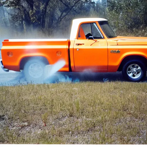Prompt: 1972 orange and white Chevrolet C10 pickup fleeing a wildfire, Cinestill 800T