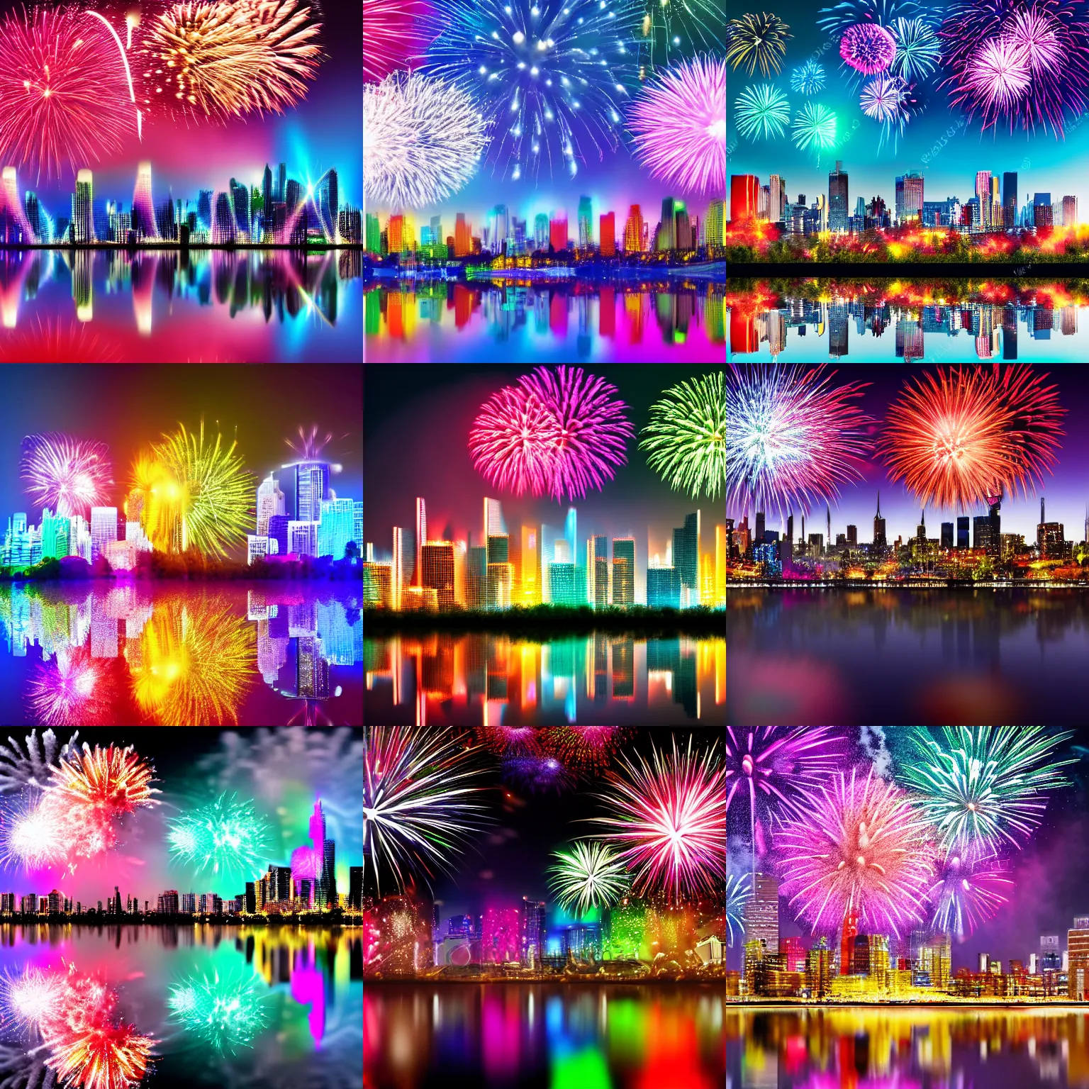 Prompt: amazing bloomy colorful fireworks over a metropolian city skyline with reflections in a city lake, highly detailed, 8 k