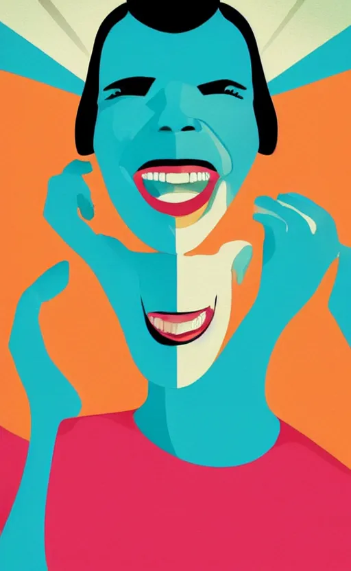 Image similar to illustration portrait of a woman with white buzzcut laughing out loud, art deco painting by tom whalen, by tomer hanukam funny meme photo, trending on behance, digital illustration, storybook illustration, grainy texture, flat shading, vector art, airbrush, pastel, watercolor, poster