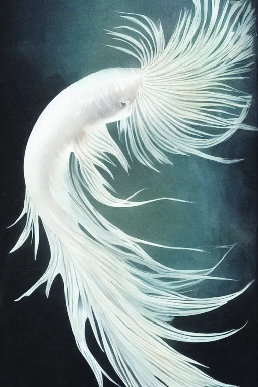 Prompt: a graceful iridescent white betta fish with long swirling fins, black-water-background, traditional Chinese painting, artstation