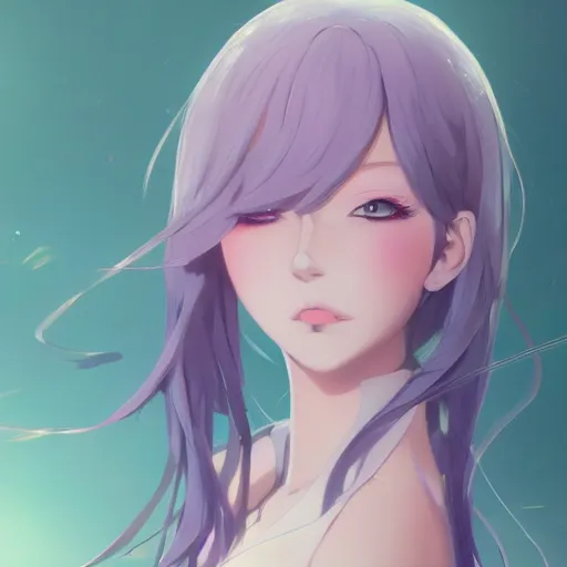 Image similar to gorgeous anime woman portrait, pastel hair, bodycon dress, clear clean face, face by ilya kushinov, Avetetsuya Studios, Alexandra Fomina artstation, by Makoto Shinkai, digital 2D, painterly style, cinematic matte Illustration, clean composition, character design, ufotable, VOFAN