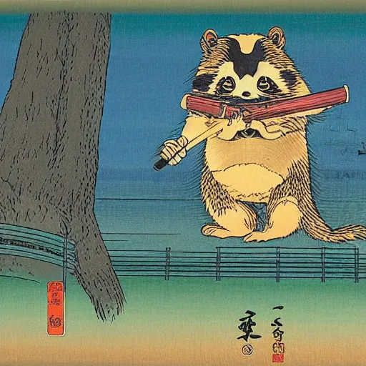 Prompt: a tanuki raving to techno music ， by hiroshige utakawa