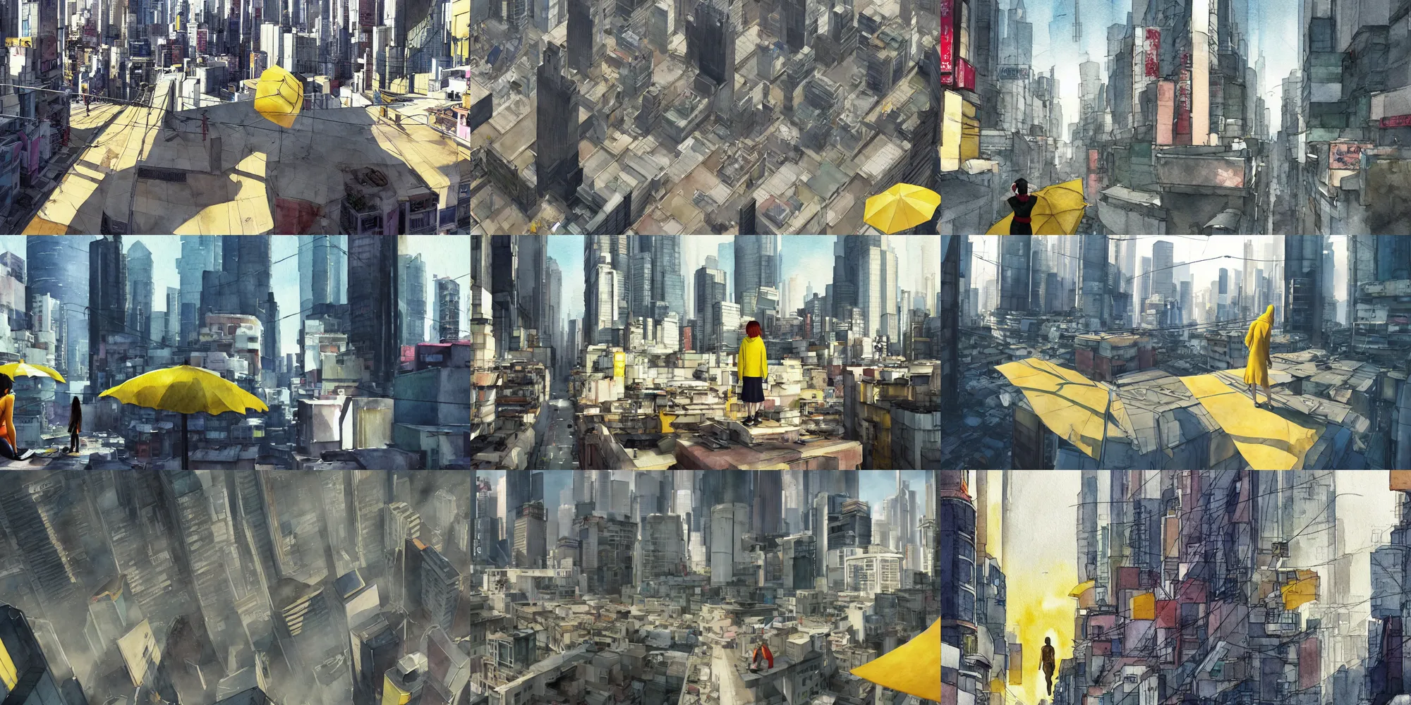 Prompt: incredible curvilinear screenshot, mirrors edge game, simple curvilinear watercolor, simple watercolor, paper texture, rooftop ghost in the shell movie scene, rooftop distant shot of hoody girl side view sitting under a yellow striped parasol in deserted dusty shinjuku junk town, streets below, fear of heights, vertigo, holding on to the edge,old pawn shop, bright sun bleached ground ,scary chameleon face muscle robot monster lurks in the background, ghost mask, teeth, animatronic, black smoke, pale beige sky, junk tv, texture, strange, impossible, fur, spines, mouth, pipe brain, shell, brown mud, dust, bored expression, overhead wires, telephone pole, dusty, dry, pencil marks, genius party,shinjuku, koju morimoto, katsuya terada, masamune shirow, tatsuyuki tanaka hd, 4k, remaster, dynamic camera angle, deep 3 point perspective, fish eye, dynamic scene