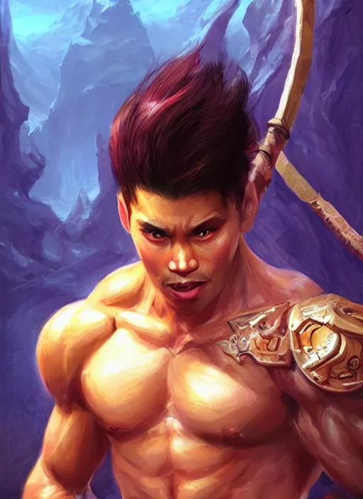 Image similar to muscly asian man mid parted hair, dndbeyond, bright, colourful, realistic, dnd character portrait, full body, pathfinder, pinterest, art by ralph horsley, dnd, rpg, lotr game design fanart by concept art, behance hd, artstation, deviantart, hdr render in unreal engine 5