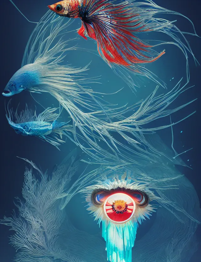 Image similar to 3 d eye of god. beautiful intricately detailed japanese crow kitsune mask and clasical japanese kimono. betta fish, jellyfish phoenix, bio luminescent, plasma, ice, water, wind, creature, artwork by tooth wu and wlop and beeple and greg rutkowski