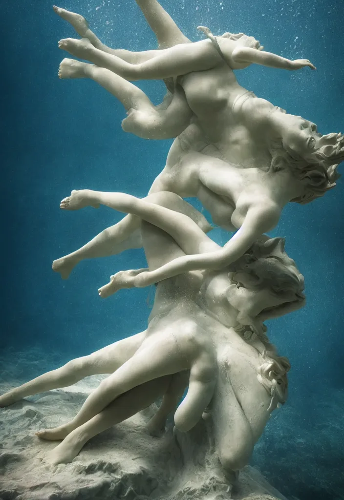 Prompt: an underwater dance. complementary colors. national geographic. 8 k, rendered in octane, smooth gradients. soft natural volumetric cinematic light. subsurface scattering. sculpture by antonio canova.