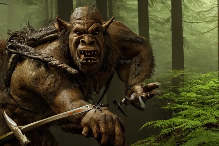 Image similar to vfx movie closeup detailed ancient warrior orc hunting elk in the forest, natural lighting by emmanuel lubezki