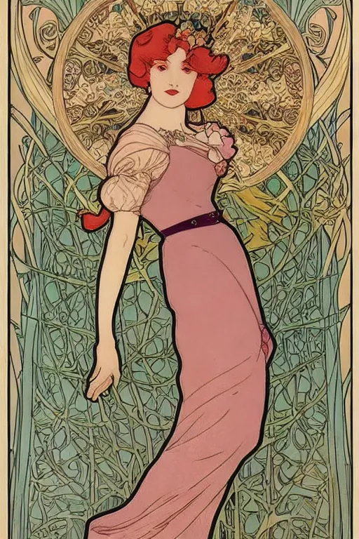 Image similar to full length art nouveau painting of princess - peach!!!!!!! by mucha, sharp edges, intricate line - work.