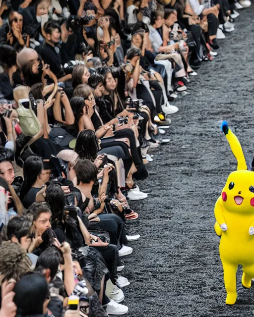 Image similar to hyperrealistic and heavy detailed 2321s Yeezy runway show of Pikachu , Leica SL2 50mm, vivid color, high quality, high textured