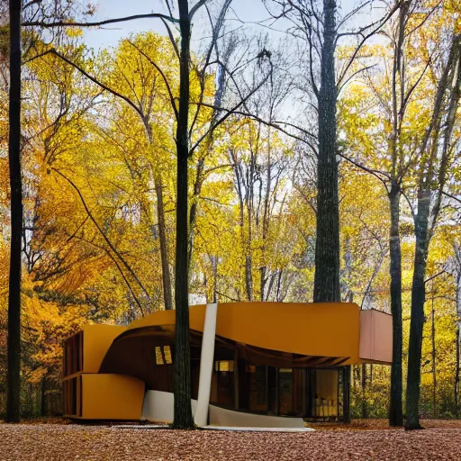 Prompt: architecture ad for a mid-century modern house in the middle of the wood designed by frank Gehry. grain, cinematic, colorized, yellow hue.