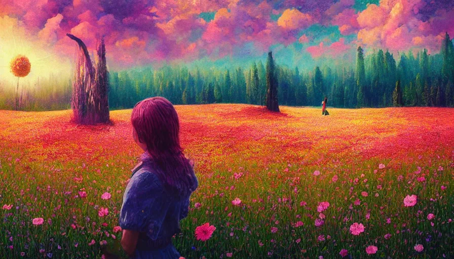 Prompt: girl with a flower face, surreal photography, manipulation, dream, standing in flower field, hills, big trees, sunrise dramatic light, impressionist painting, colorful clouds, digital painting, pointillism, artstation, simon stalenhag, flower