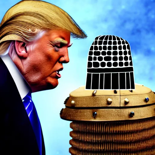 Image similar to a beautiful photograph of donald trump being exterminated by a dalek, detailed face, symmetrical face, extreme realism and detail, 8 k, completely framed, direct lighting, 3 5 mm photo, photorealistic, sharp focus