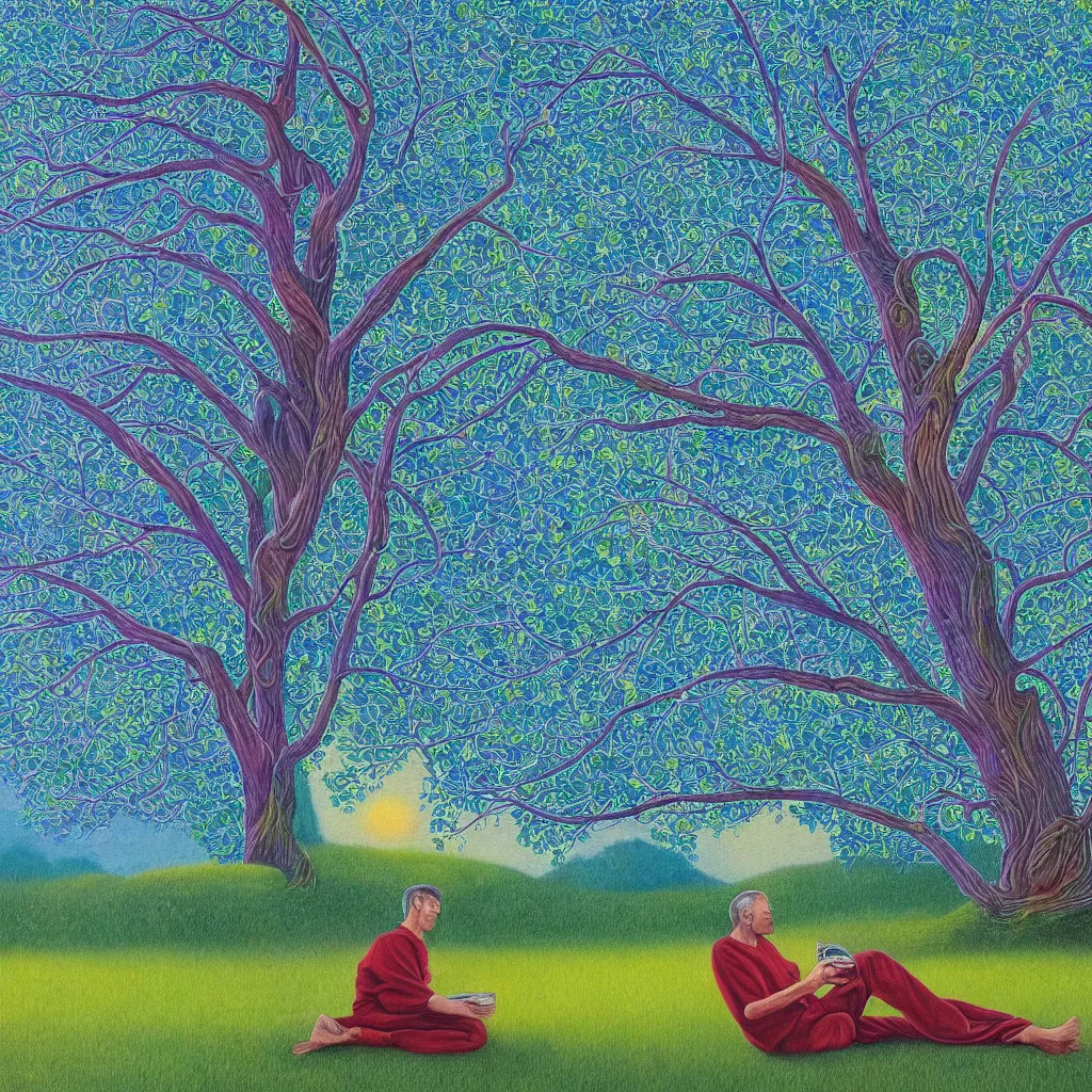 Image similar to painting of a peaceful man relaxing under a tree by alex grey, acrylic art, calm, soothing, cosy, elegant, soft light,